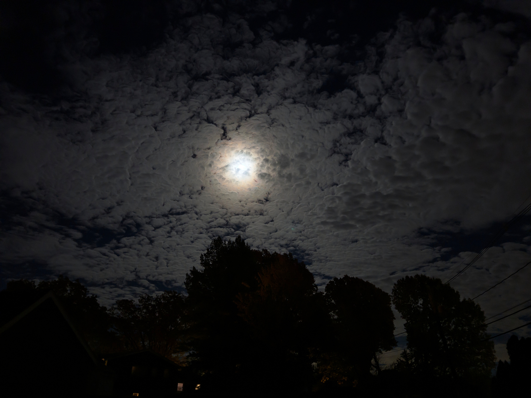 A bright moon illuminates the night sky surrounded by a layer of textured clouds, with silhouettes of trees and rooftops below.